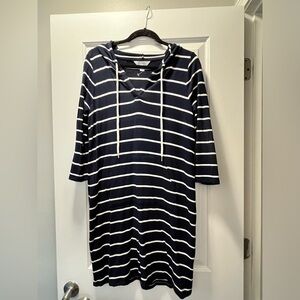 Navy & White Striped Hoodie Dress - 3/4 Sleeve